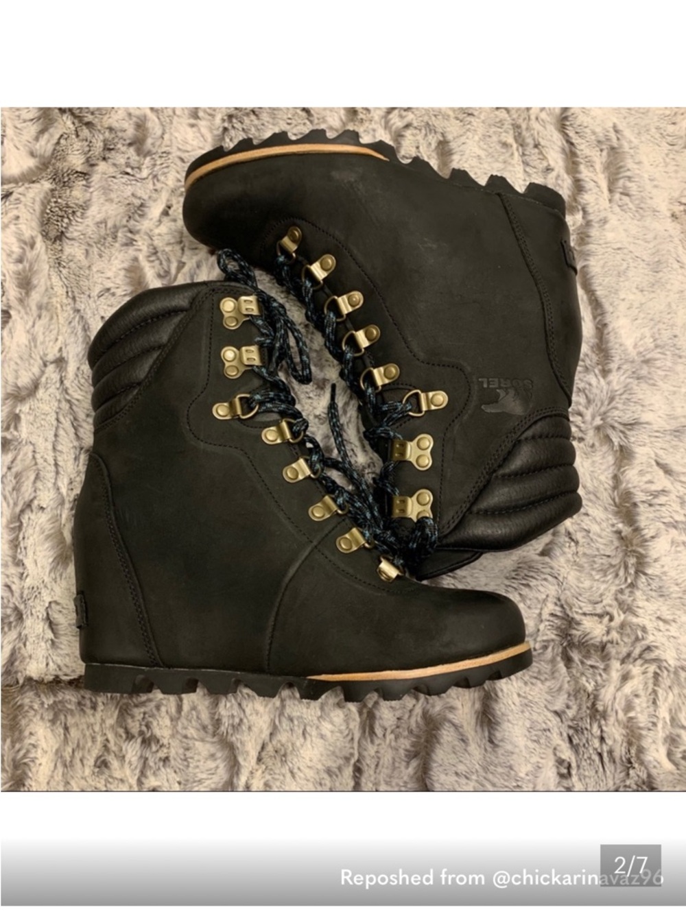 Sorel Black Lace-Up Wedge Boots with Blue and Black Laces